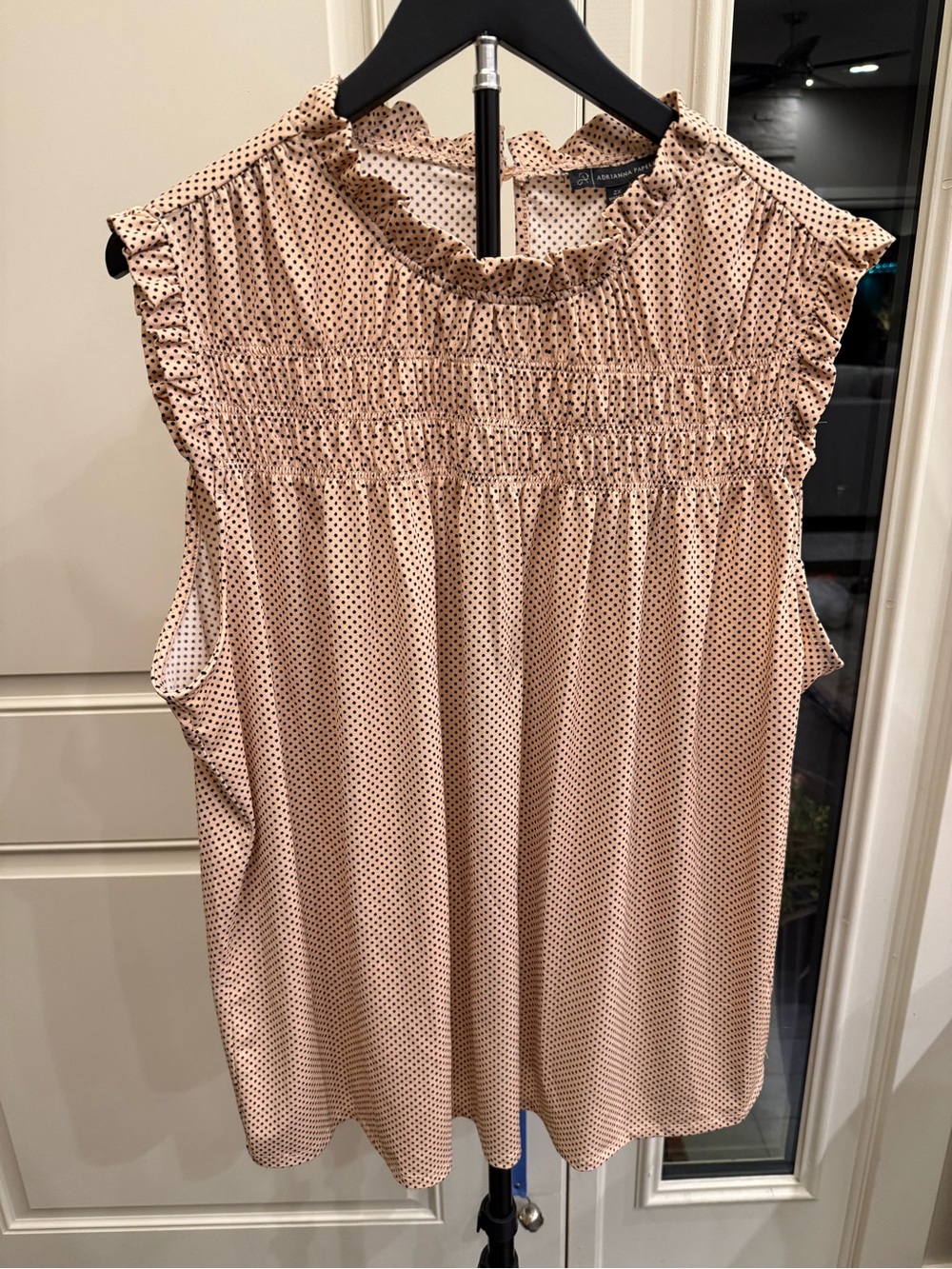 Adrianna Papell Blush Pink Polka Dot Smocked Neck Sleeveless Top